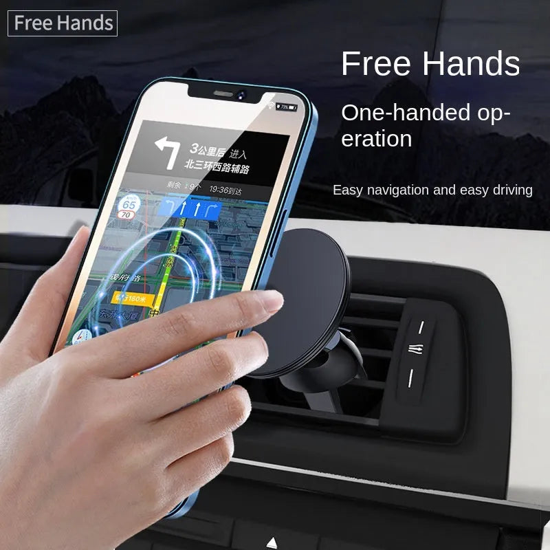 Black aluminium alloy magnetic suction car air outlet phone holder mounted on vehicle dashboard vent