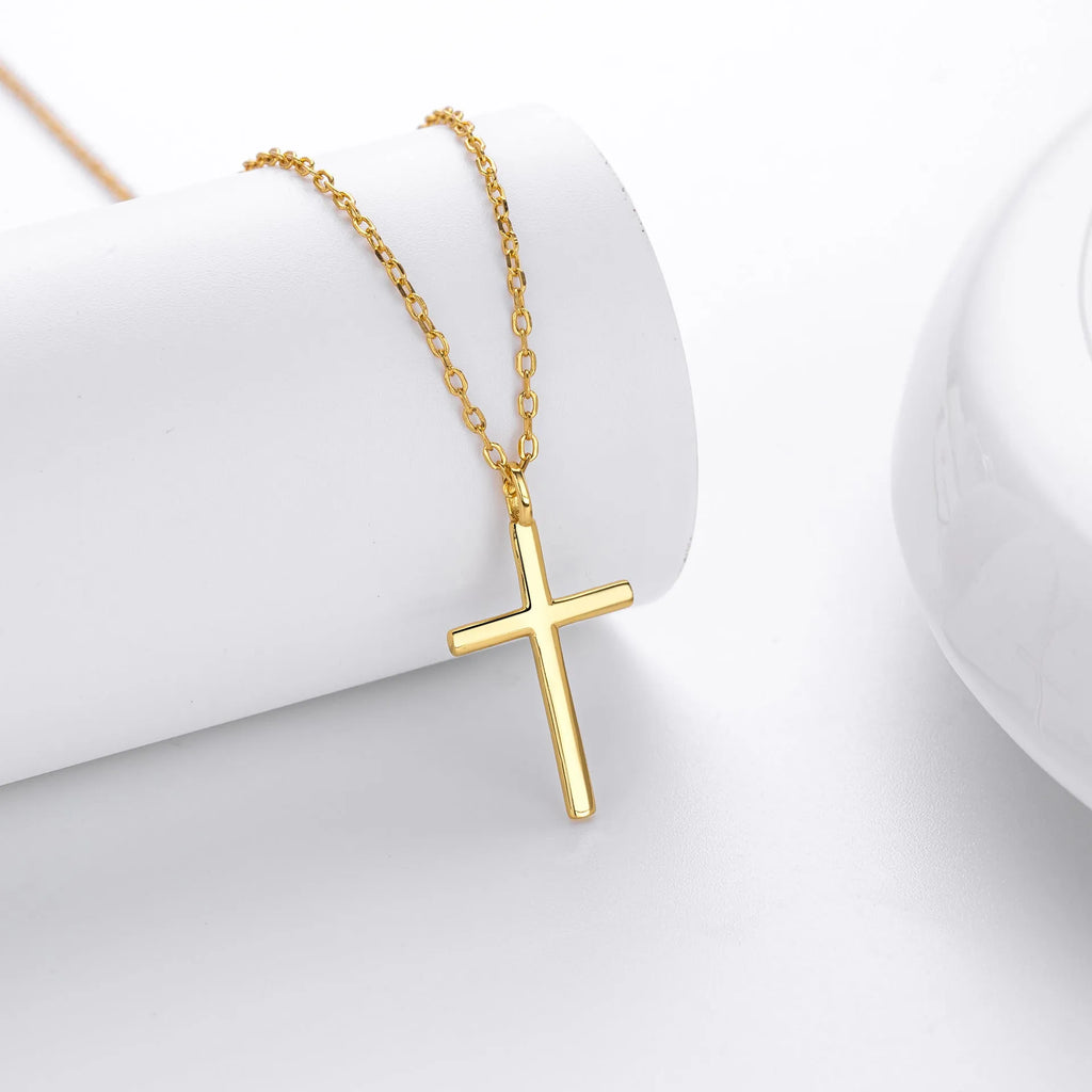 S925 sterling silver necklace with simple cross pendant on O-chain in gold, platinum, or rose gold plating