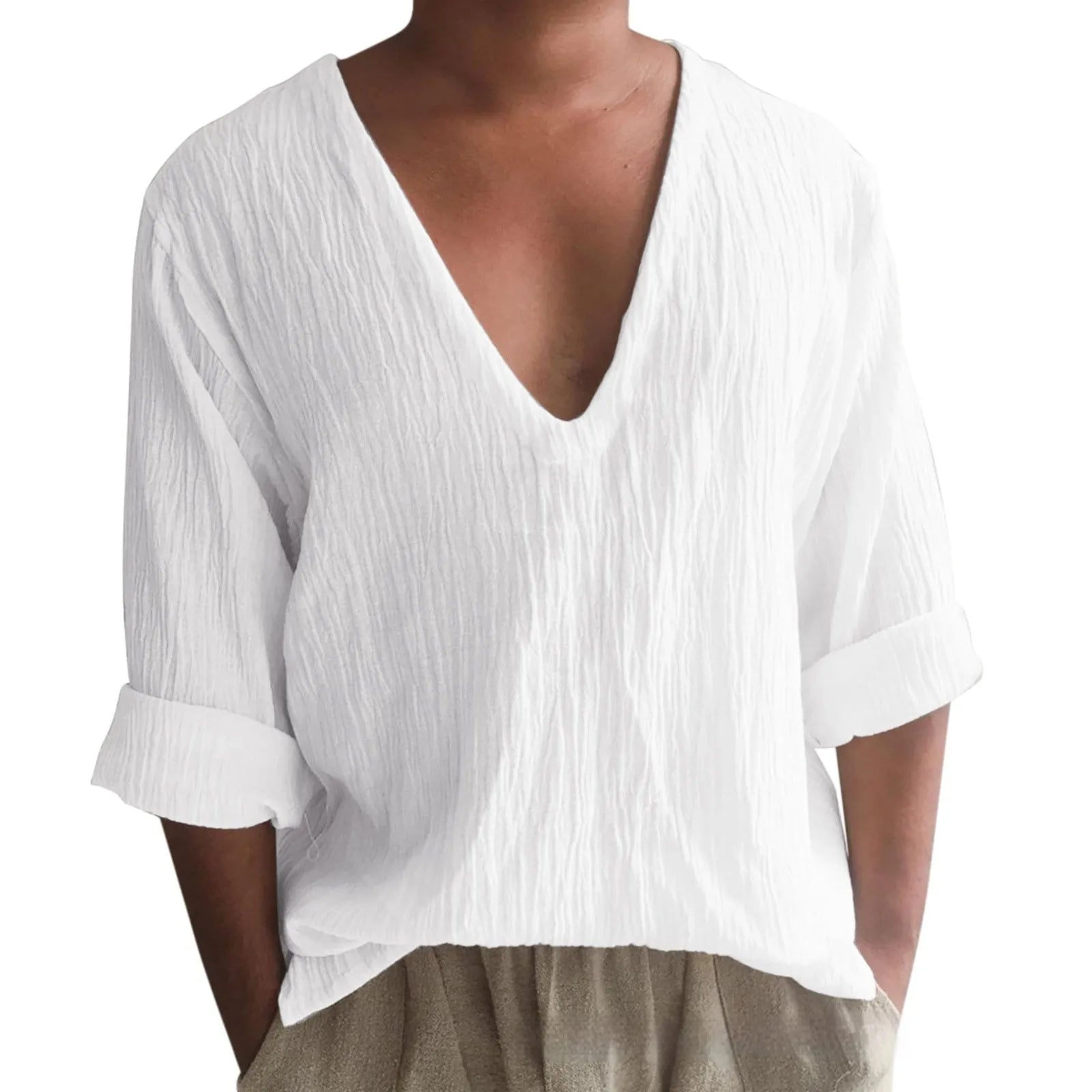 Men's long sleeve V-neck t-shirt in washed cotton, shown in a solid colour.