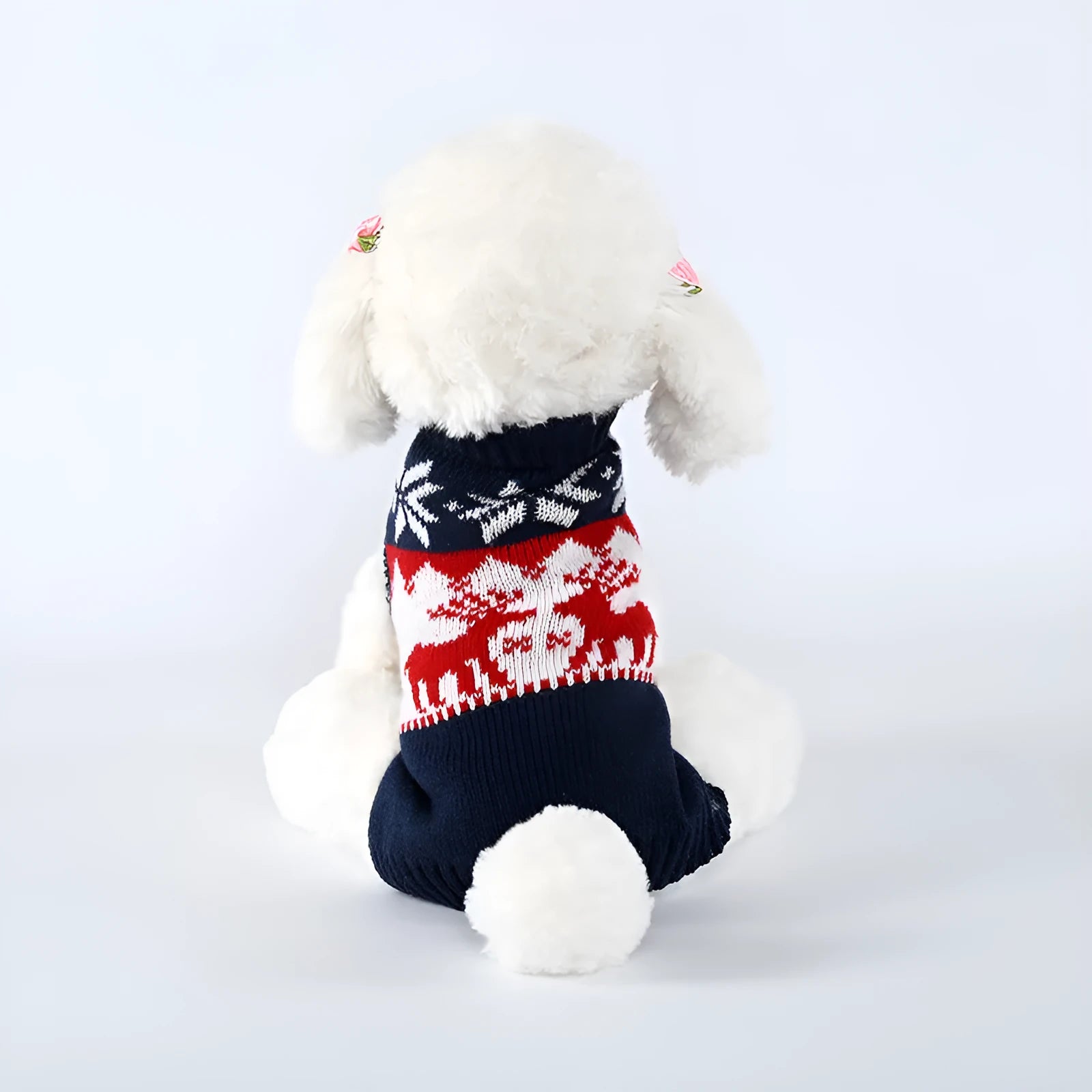 Navy blue knitted Christmas sweater for dogs on mannequin showing European style design