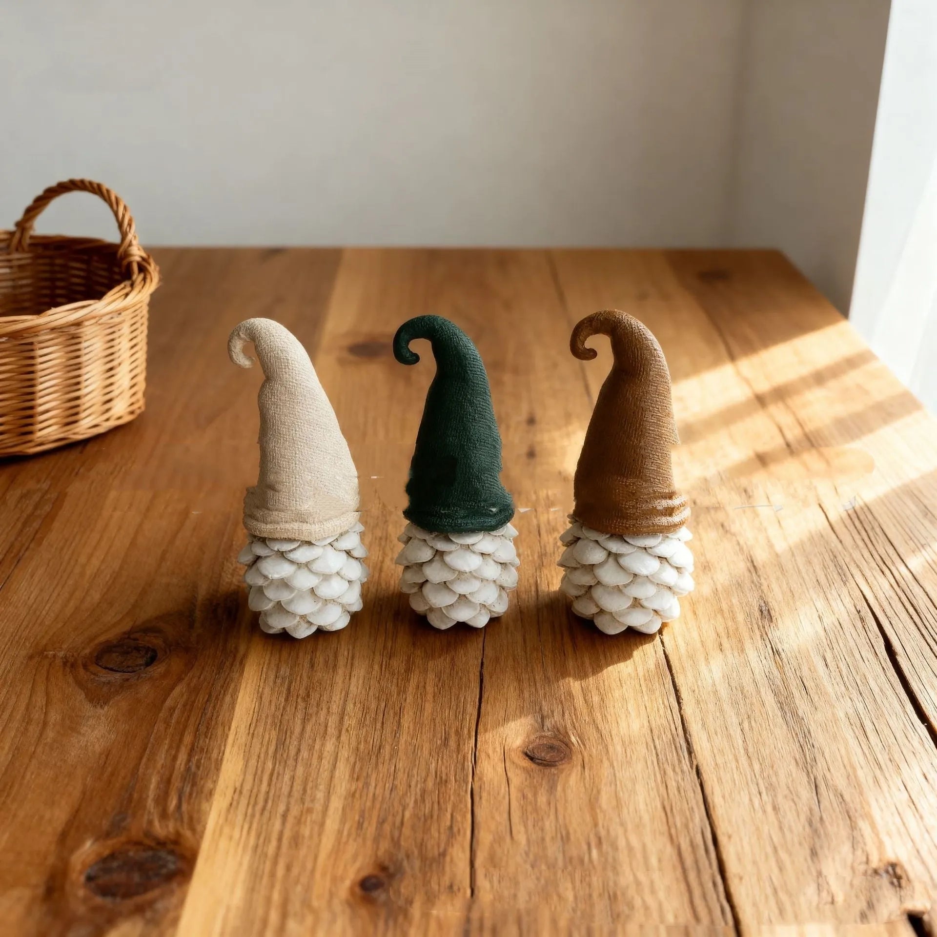 Three resin dwarf pine cone decorations in a set, each 9x5x4cm, for autumn harvest festival display
