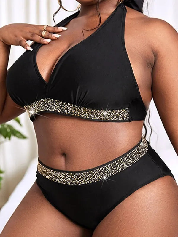 Black plus size women's bikini swimsuit with bra and shorts, sizes 0XL to 4XL