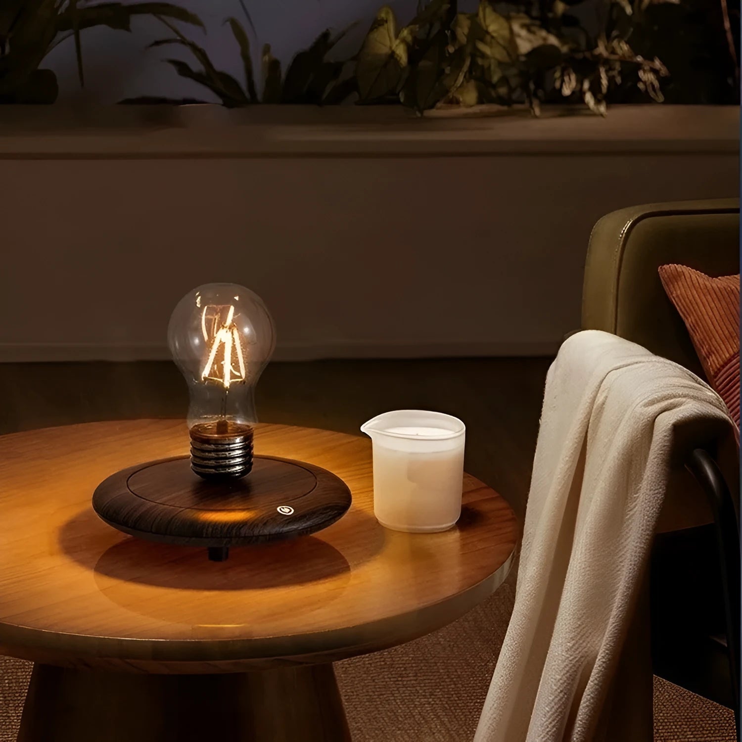 Suspension bulb creative small night lamp with iron art construction and wooden grain base