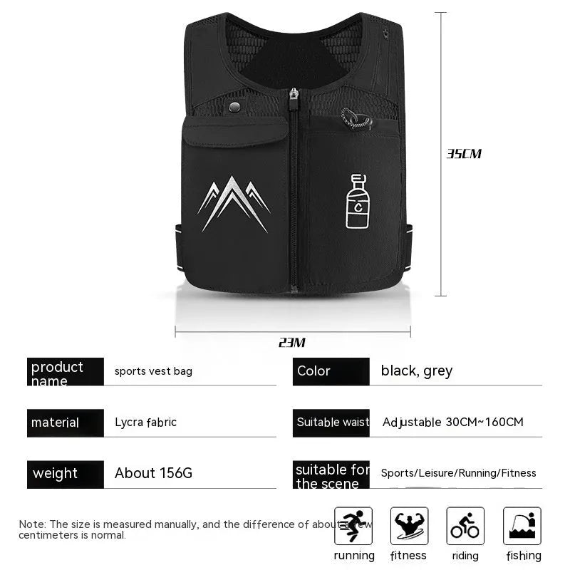 Classic black sports running vest with breathable mesh fabric and a front mobile phone pocket.