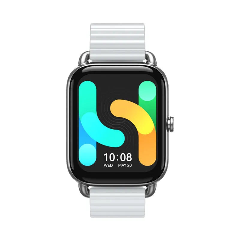 HAYLOU RS4 Plus smartwatch in black on wrist, showing AMOLED display with fitness stats.