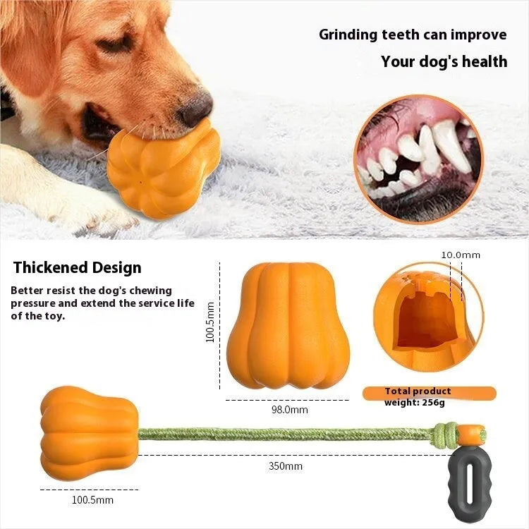 Pumpkin-shaped plastic dog toy with rope attachment for outdoor long throws and molar chewing