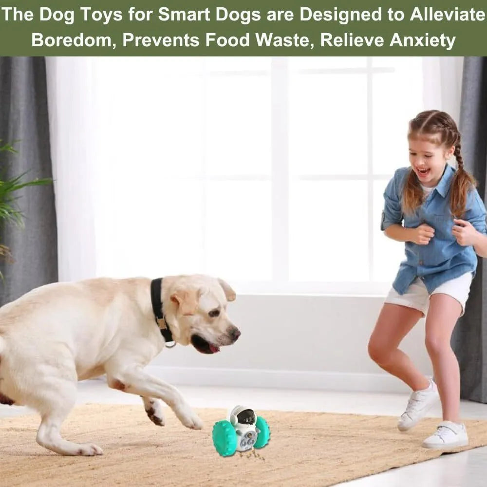 Small dog treat dispenser toy with robot appearance in five colour options showing dimensions