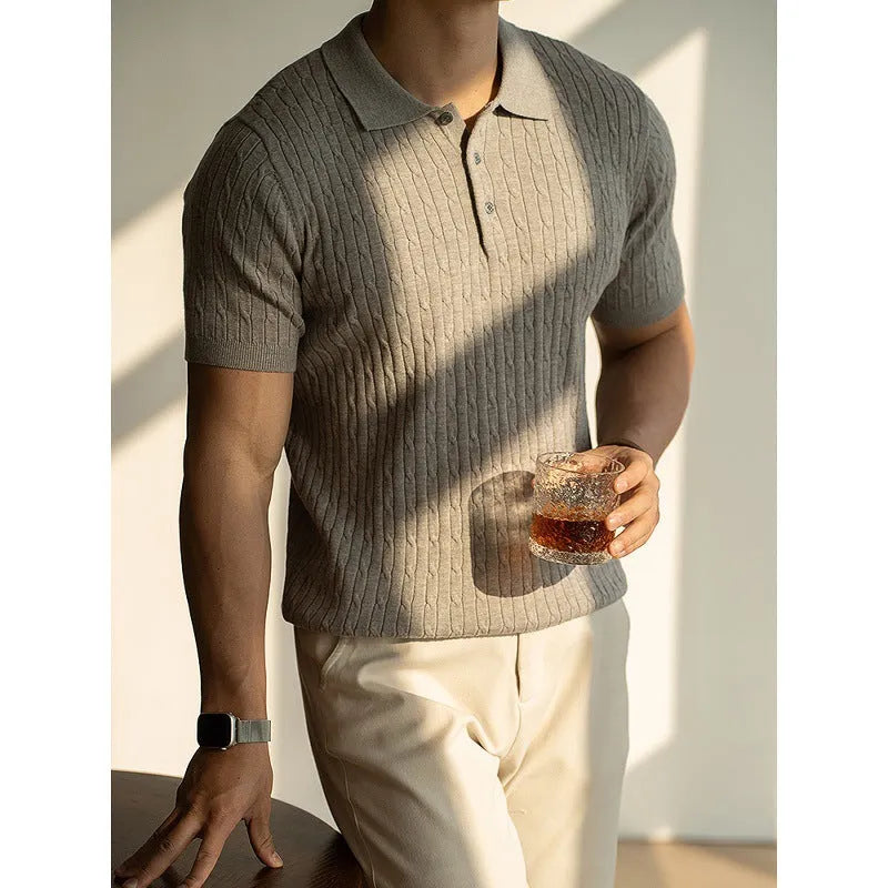 Men's khaki short sleeve business top showing Asian fit sizing for M L XL 2XL