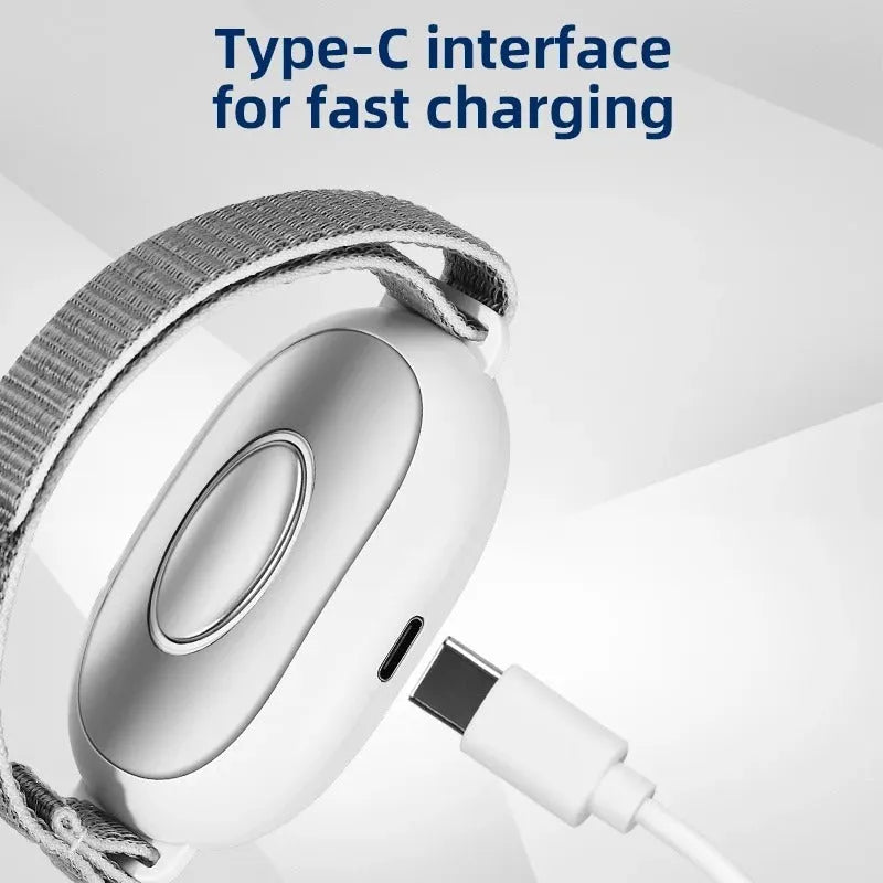 White electronic sleep aid device with handheld remote control showing 20 intensity settings and USB charging port