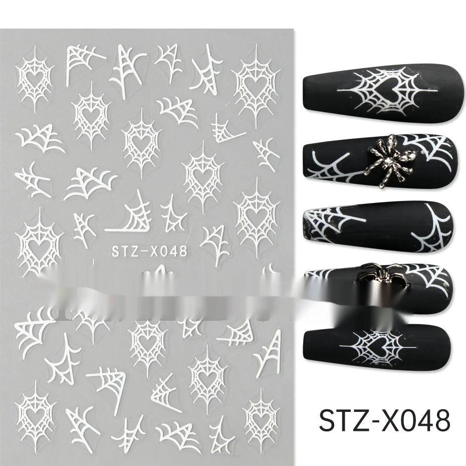Pack of black and silver strip nail art stickers with cartoon and love pattern designs.