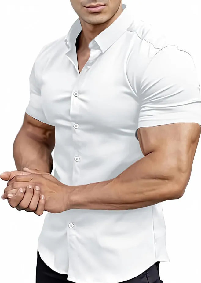 Men's printed short sleeve casual shirt with collar in multiple colour options showing cardigan style
