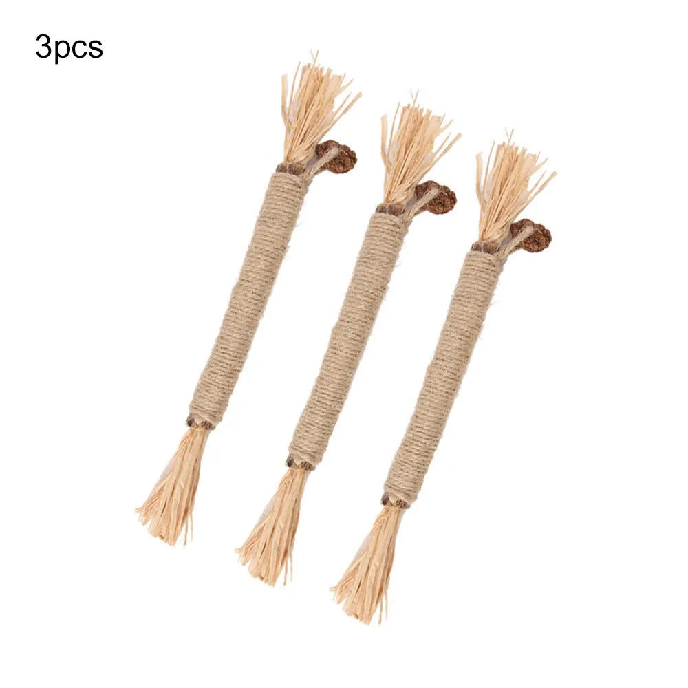 3 natural silvervine chew sticks for cats with sisal rope, thick and fine diameter options