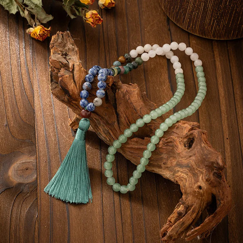 Vintage tassel bohemian style natural stone beaded long sweater chain with geometric round beads and matching bracelet