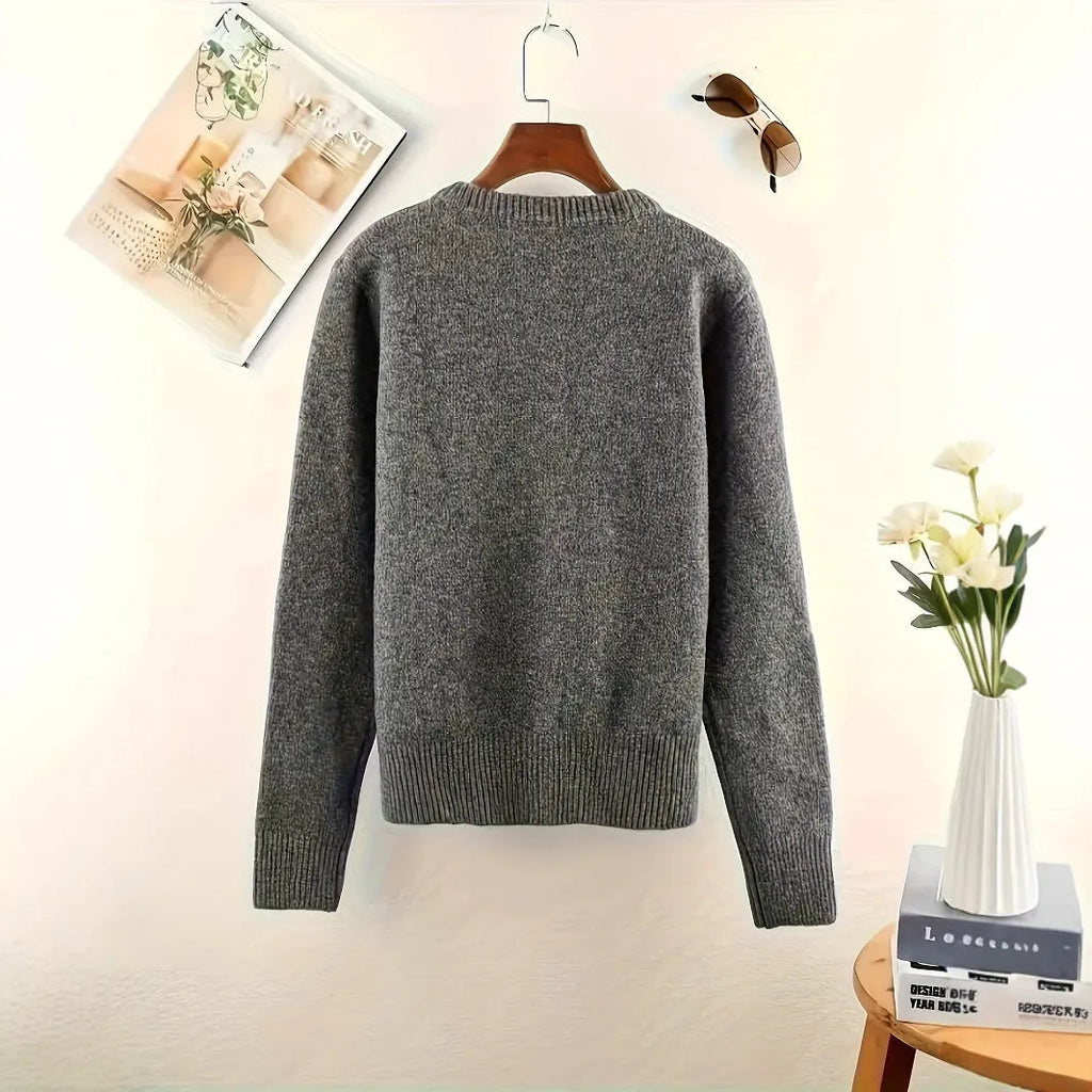 Dark grey women's button-front cardigan sweater with long sleeves.