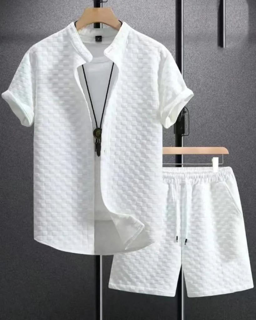 Jacquard fabric short-sleeve suit set with matching trousers in black, white, grey or beige