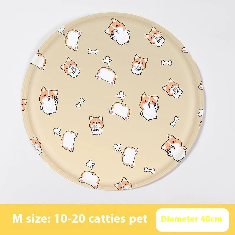 Round pet cooling mat with cartoon design, shown in beige bunny and blue cat patterns.