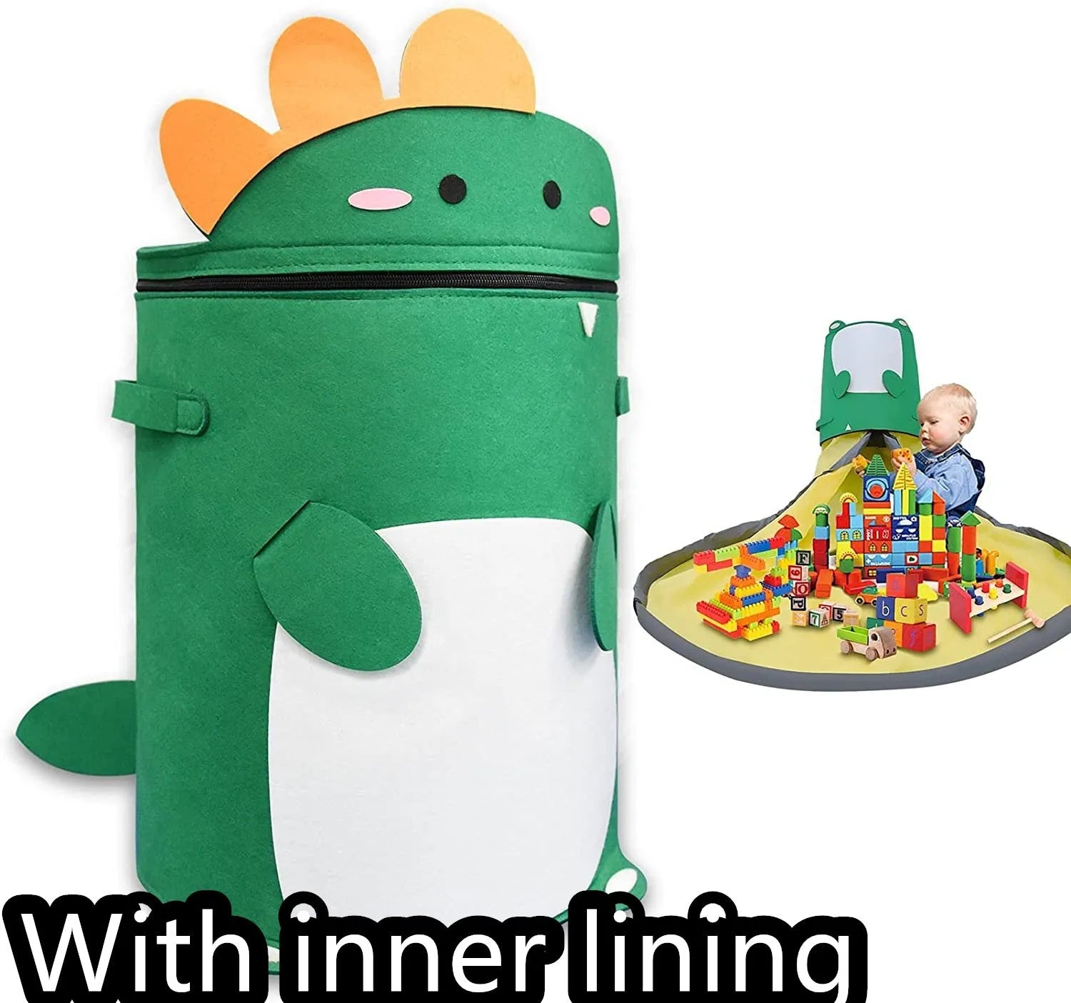 Green felt cube storage bag with pull rope shown as both a toy play mat and closed storage container