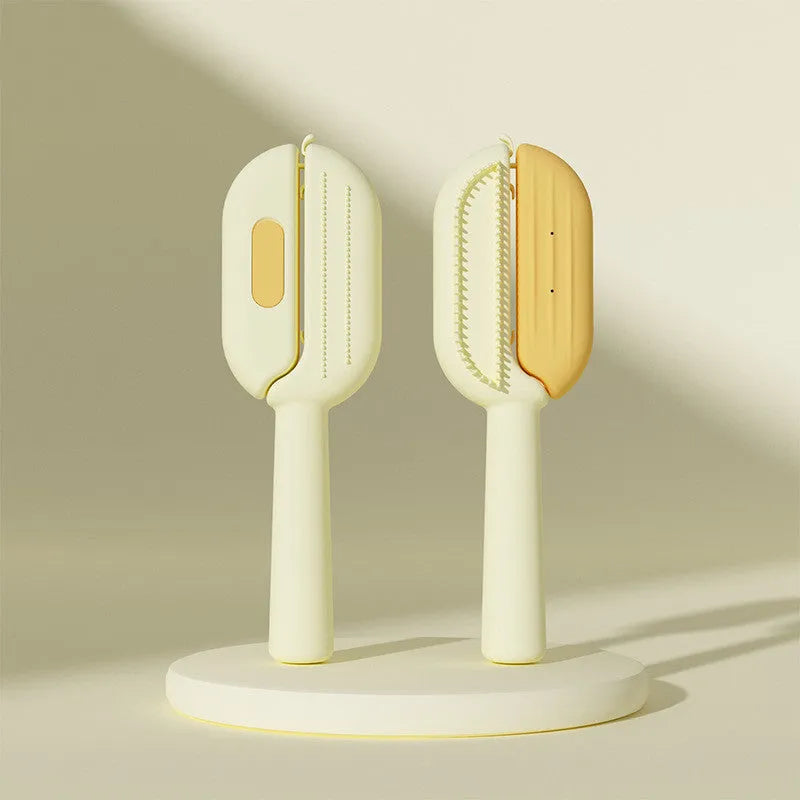 Blue pet grooming comb with a water tank for catching floating hair, shown alongside a soft cotton towel.