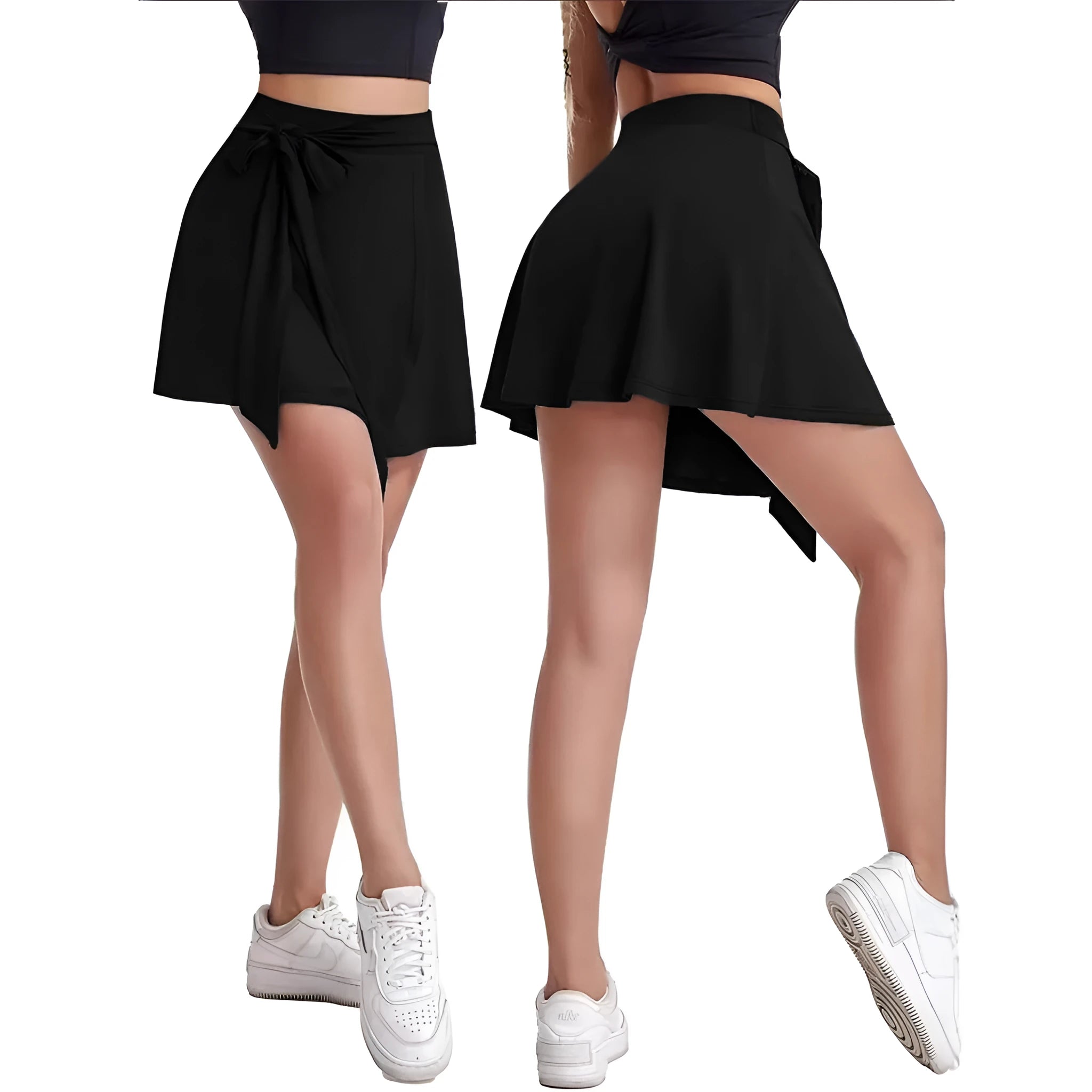 Black thigh-length anti-exposure sports skirt with built-in shorts and shoulder strap detail