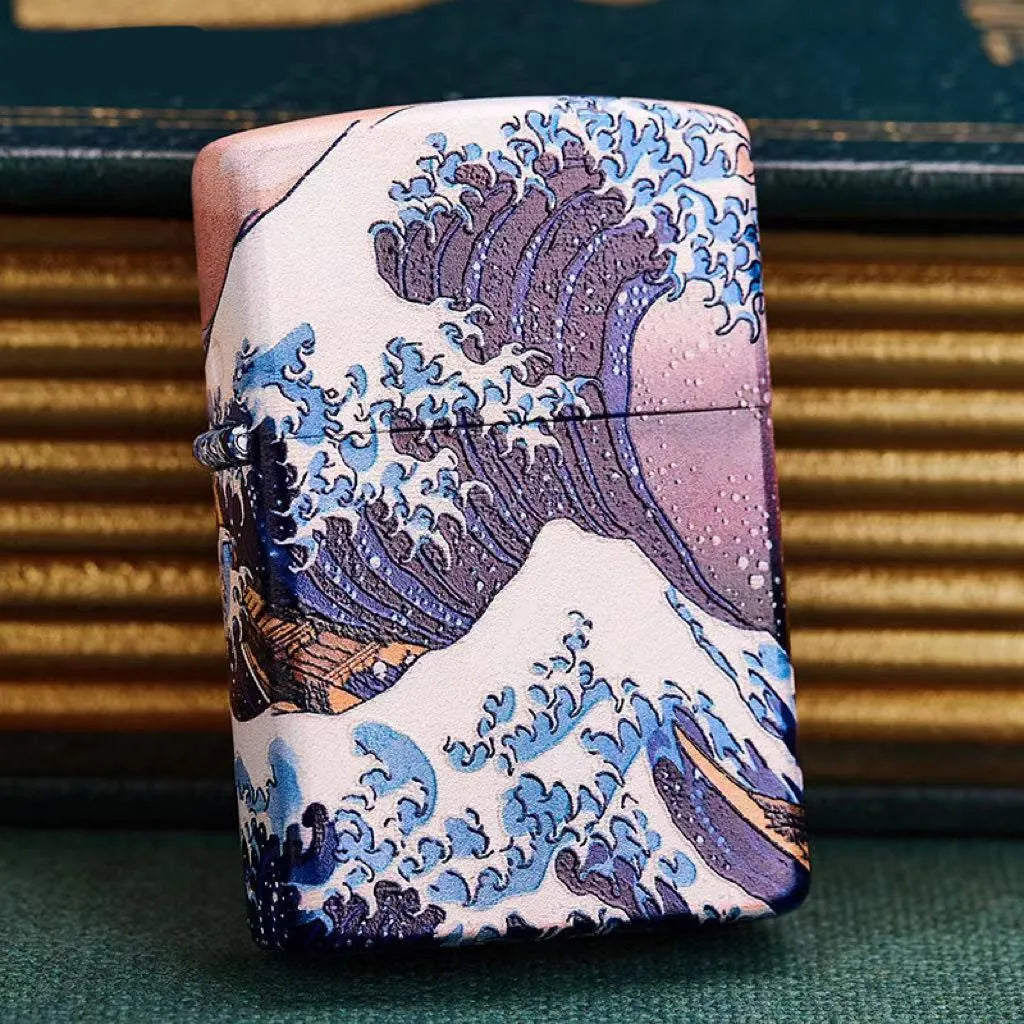 Colored lacquer Kanagawa surf windproof lighter with steel inner liner and copper housing, 58x39x13mm