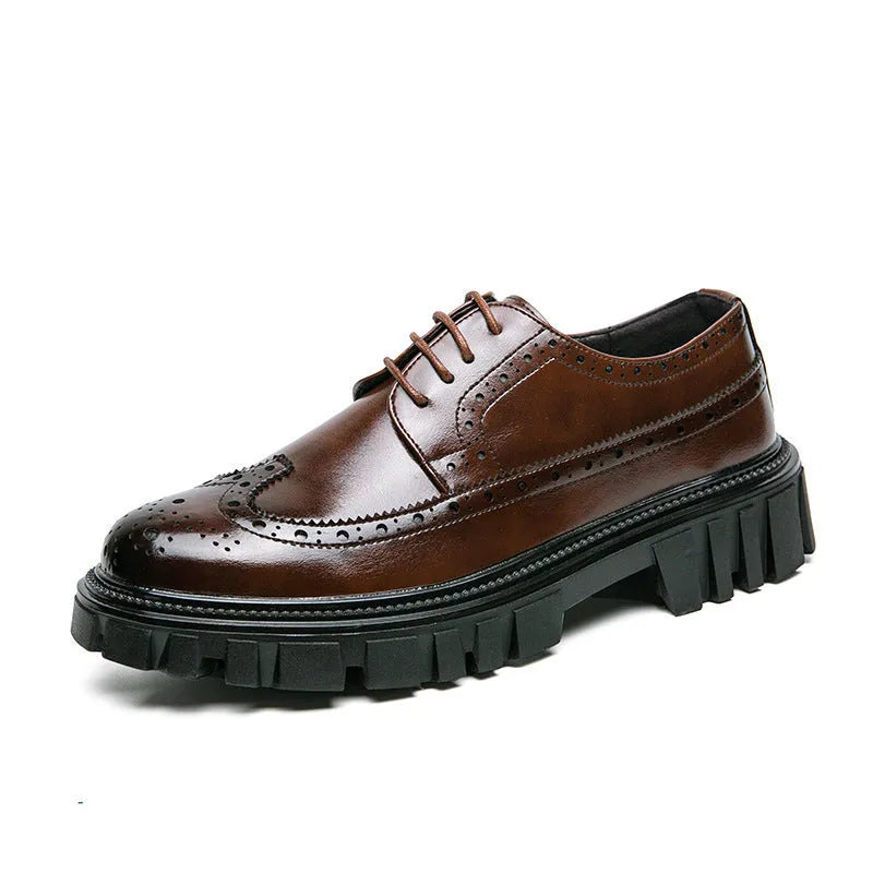 Men's black and brown business brogue shoes with round toe and artificial PU construction