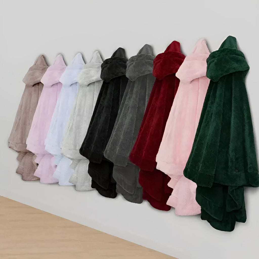 Thickened hooded cloak bathrobe in polyester fabric with cardigan-style front opening