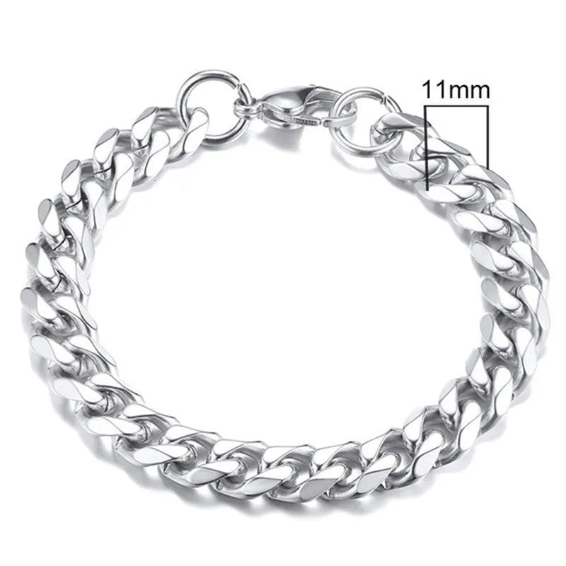 Gold six-sided Cuban link metal bracelet shown in various widths and colour options.