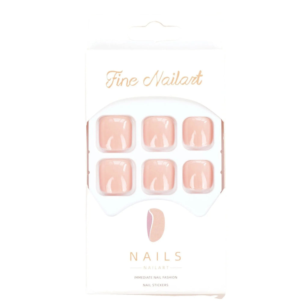 Set of ten skin-colour plastic artificial toenails and a bottle of glue for pedicure enhancement.
