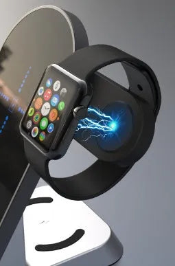 Black six-in-one wireless charging alarm clock with phone pad, Apple Watch dock, and earphone cradle.