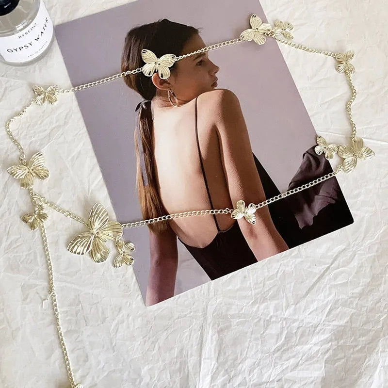 Butterfly waist chain belt with 40cm width in gold alloy finish