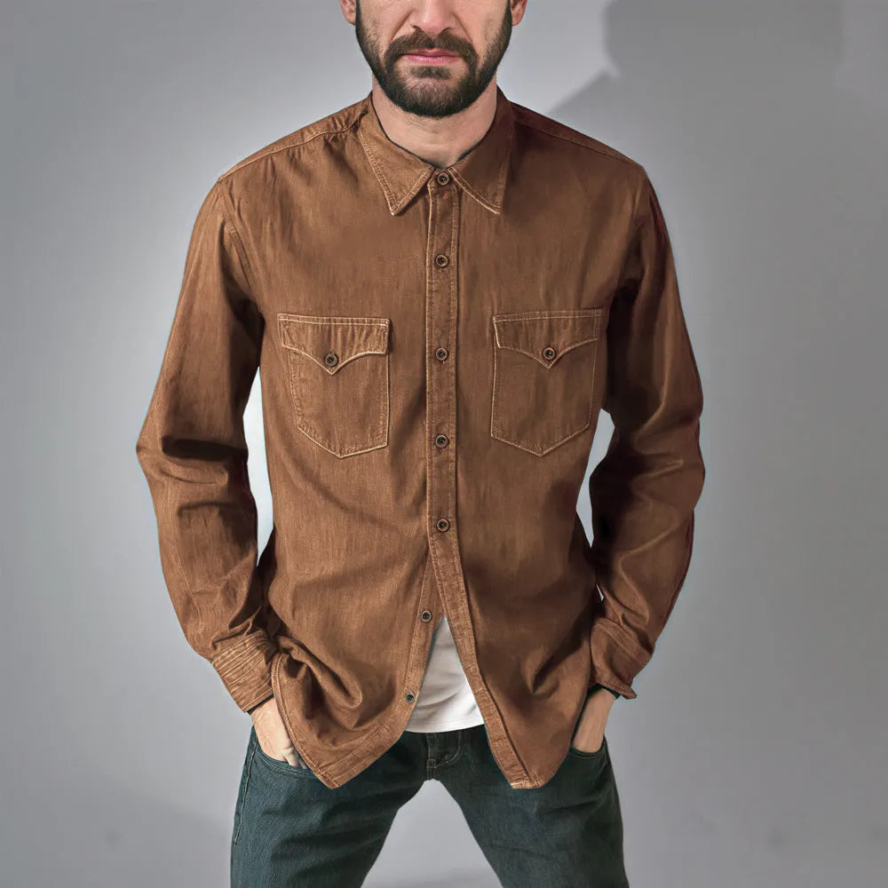 Men's regular fit denim cardigan coat in khaki, black, blue, or grey.