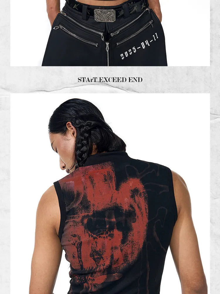 Black half-turtleneck slim-fit sleeveless t-shirt with a printed character design on the front.