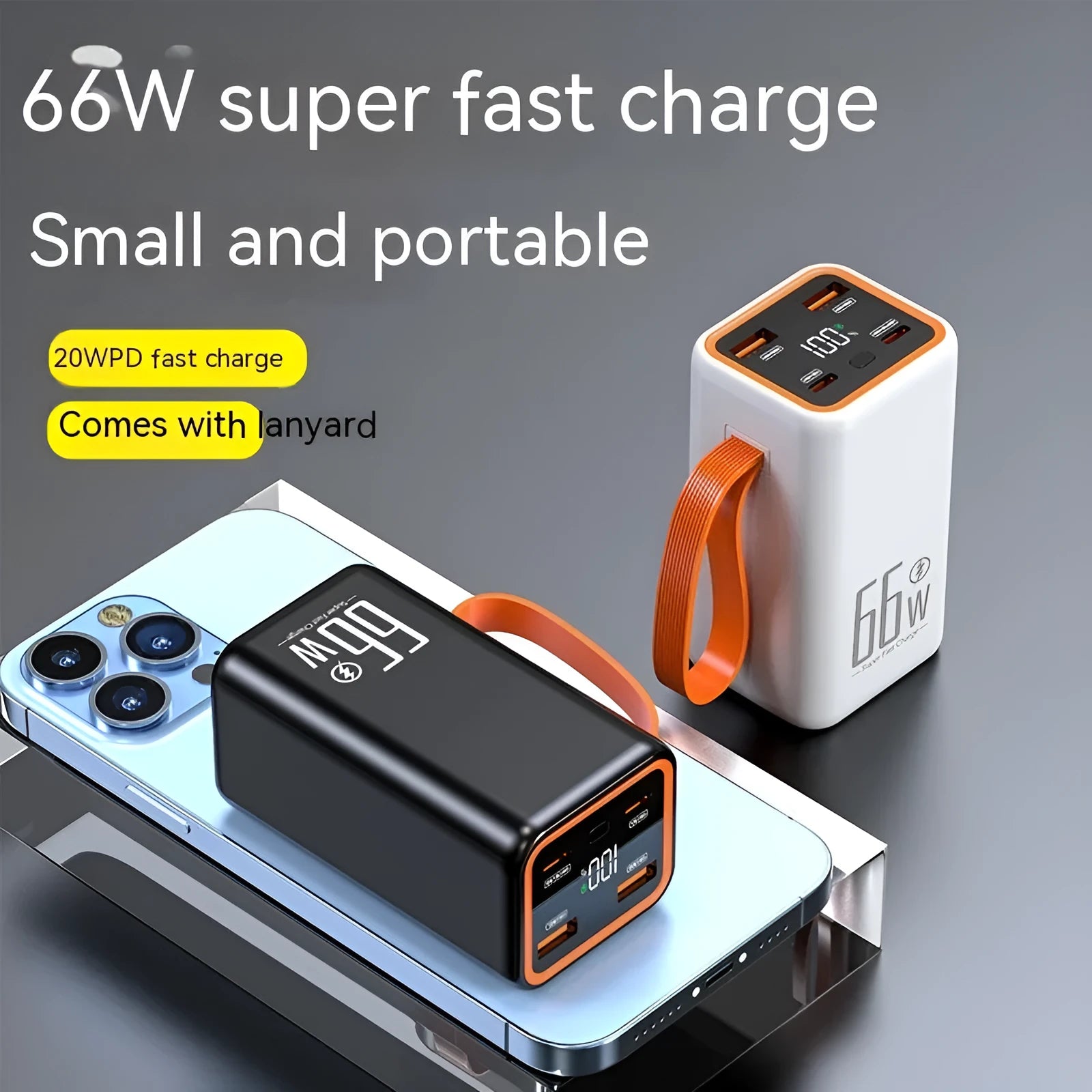PD66W 20000 mAh fast charge power bank in black and white colours showing creative design