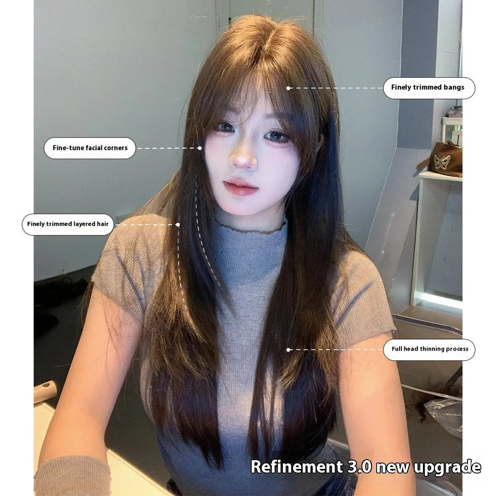 Women's cold brown layered straight wig with lace styling