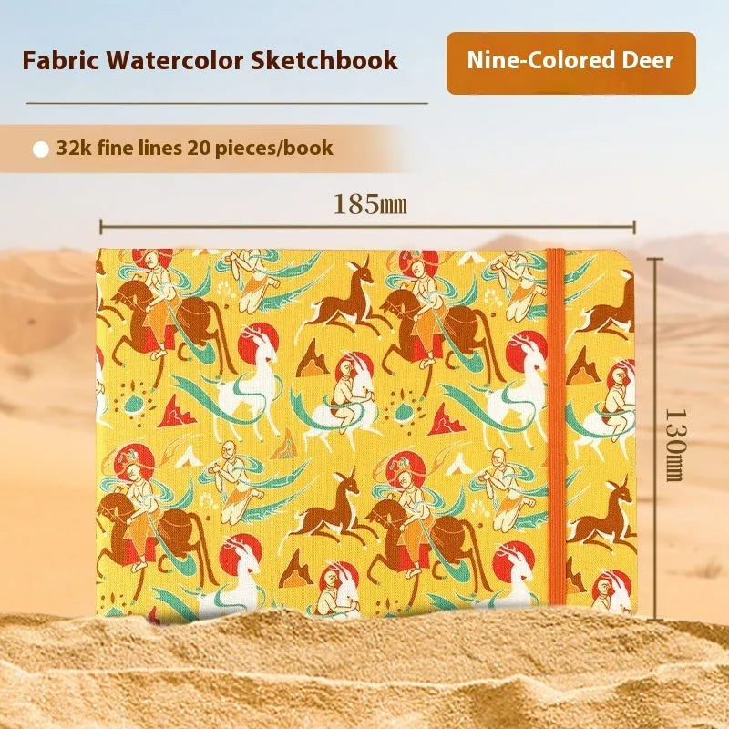 Feiluniao handmade fabric watercolour notebook in 185mm portable size, showing artistic cover design.