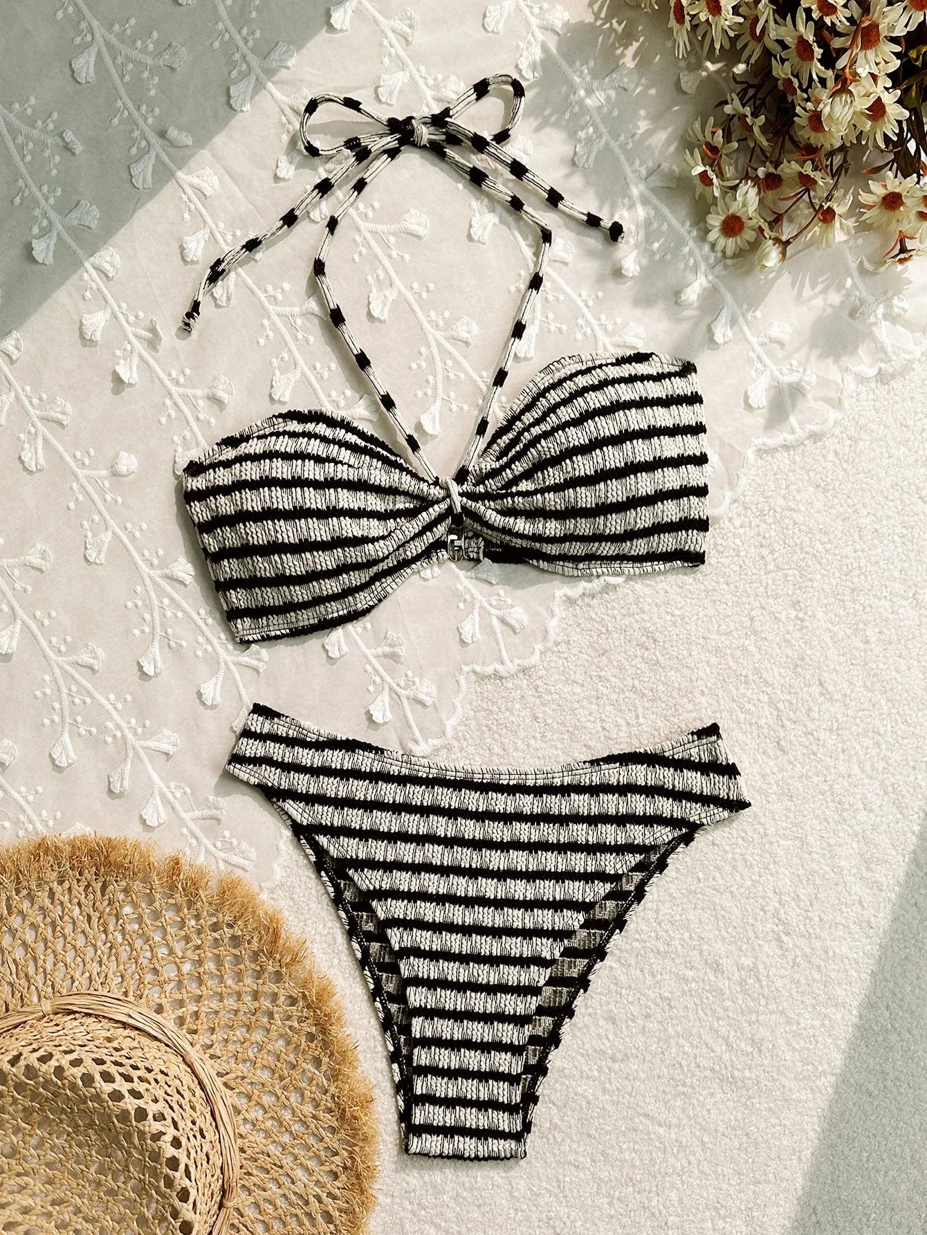 Women's bikini split striped printed swimsuit in pink, polyester fibre, sizes S to L