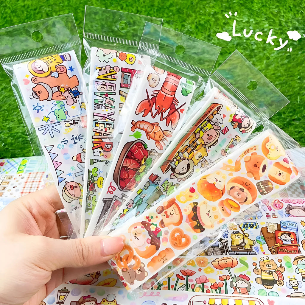 Sheet of cute cartoon character stickers for haemorrhoid tape packaging, printed on Japanese paper.