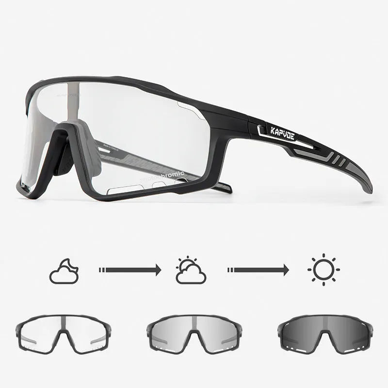 Photochromic sports sunglasses with semi-rimless TR90 frame for cycling.