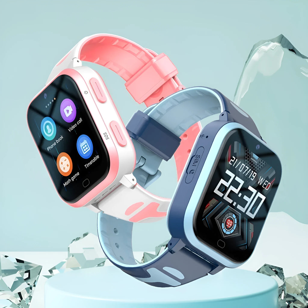 Child's smartwatch with colour touch screen on a wrist strap, showing video call interface