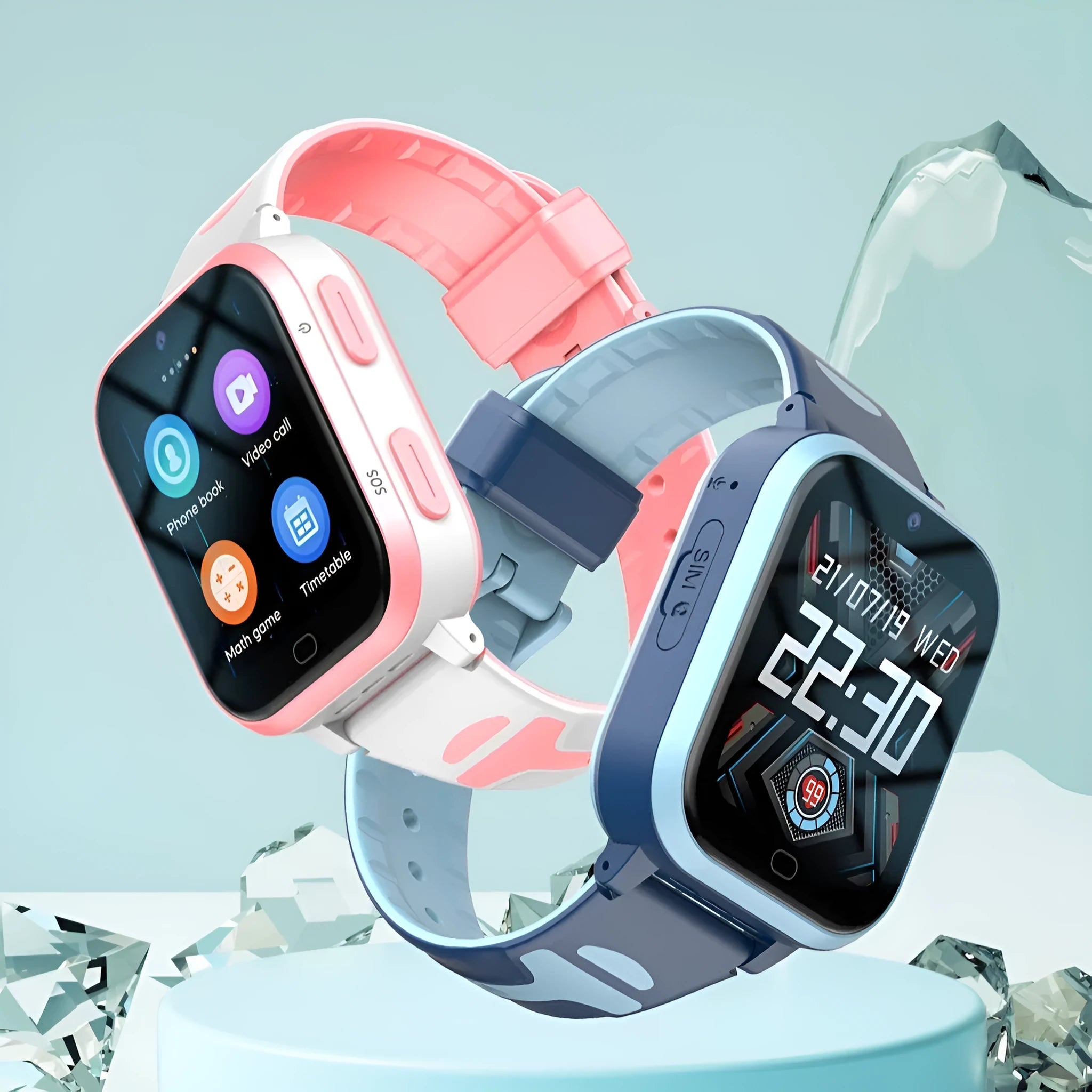 Child's smartwatch with colour touch screen on a wrist strap, showing video call interface