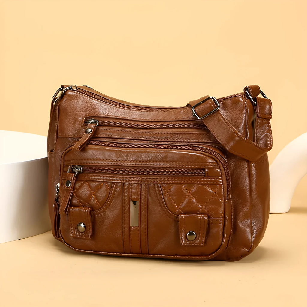 New washed PU shoulder messenger bag in horizontal square shape with three-dimensional pocket, 26x19x8cm
