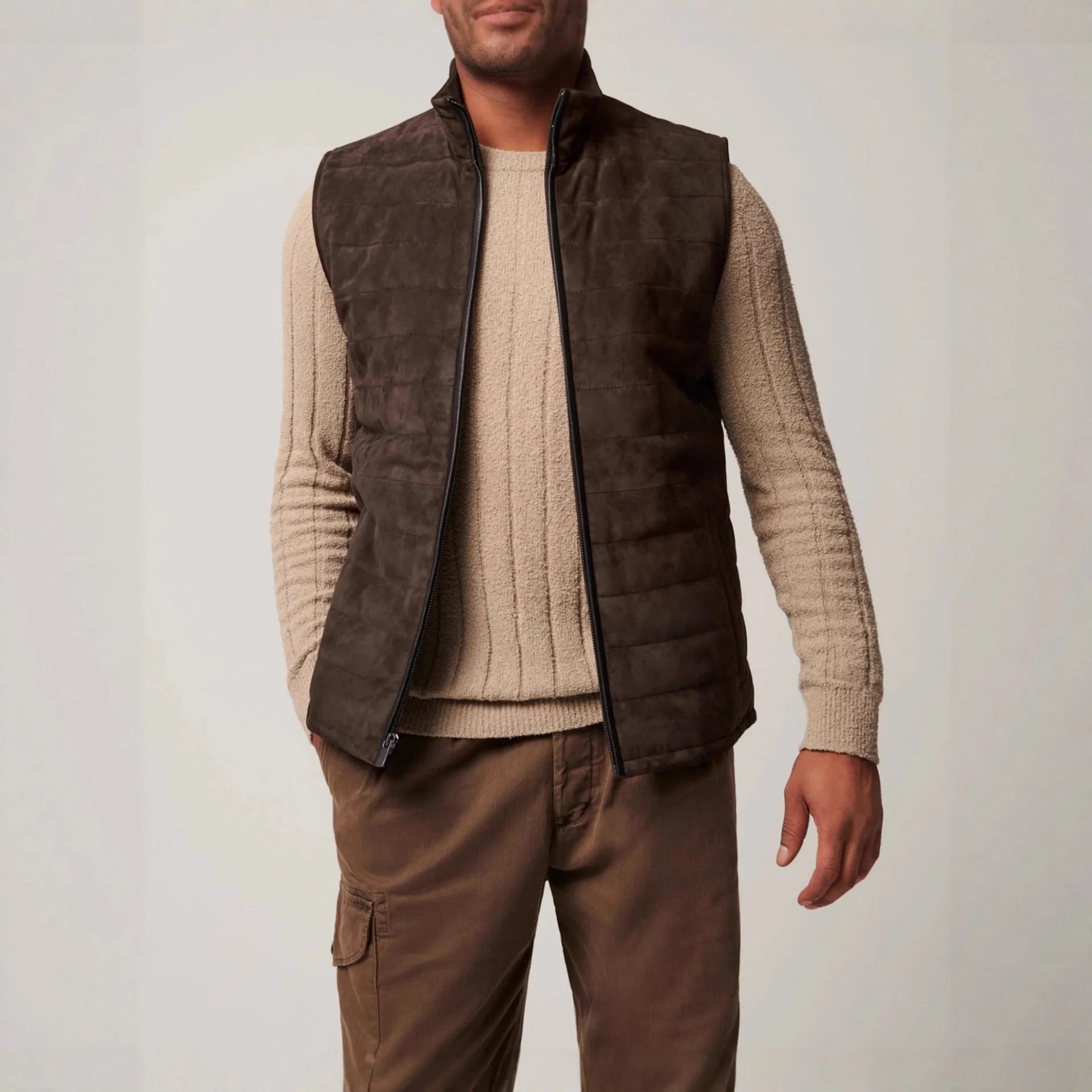 Leather style men's brown polyester vest jacket with horizontal stitching and straight hem