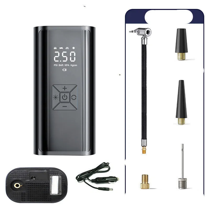 Portable wireless digital display car tyre pump with ABS casing, digital screen, and inflatable hose.