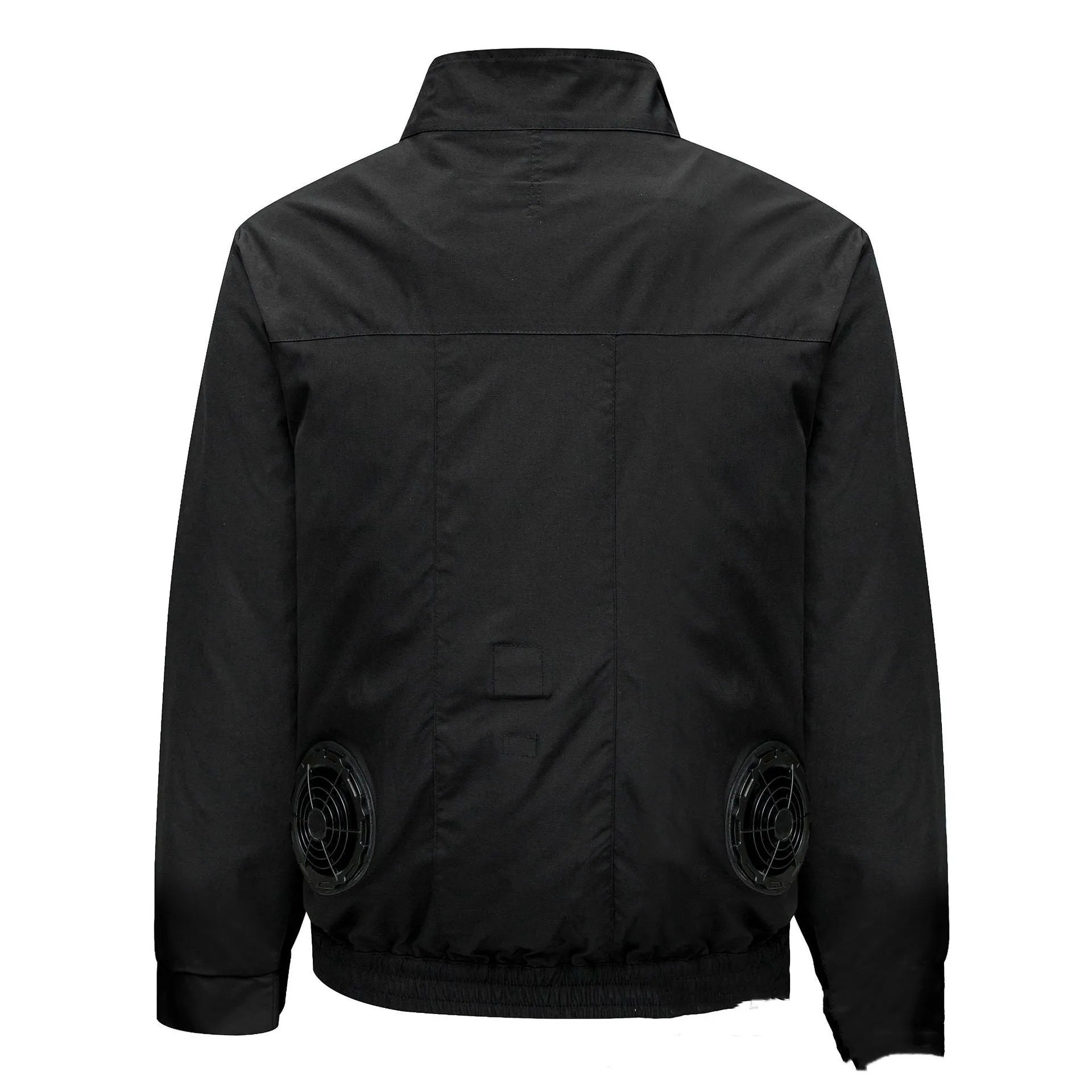 Black smart cooling work jacket with multiple ventilation holes for a personal fan unit.