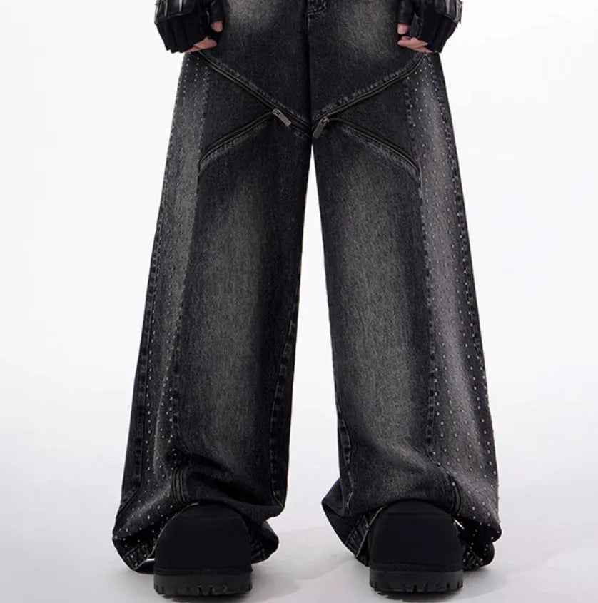 Wide leg cotton denim pants with structure zipper and worn finish in black and grey Korean style