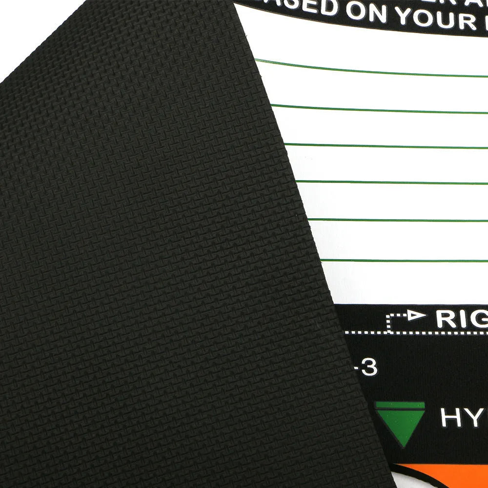 Black neoprene golf swing stance correction pad with positioning markings for alignment practice
