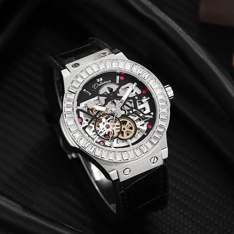 Men's automatic mechanical watch with diamond-studded bezel and skeleton movement visible through dial