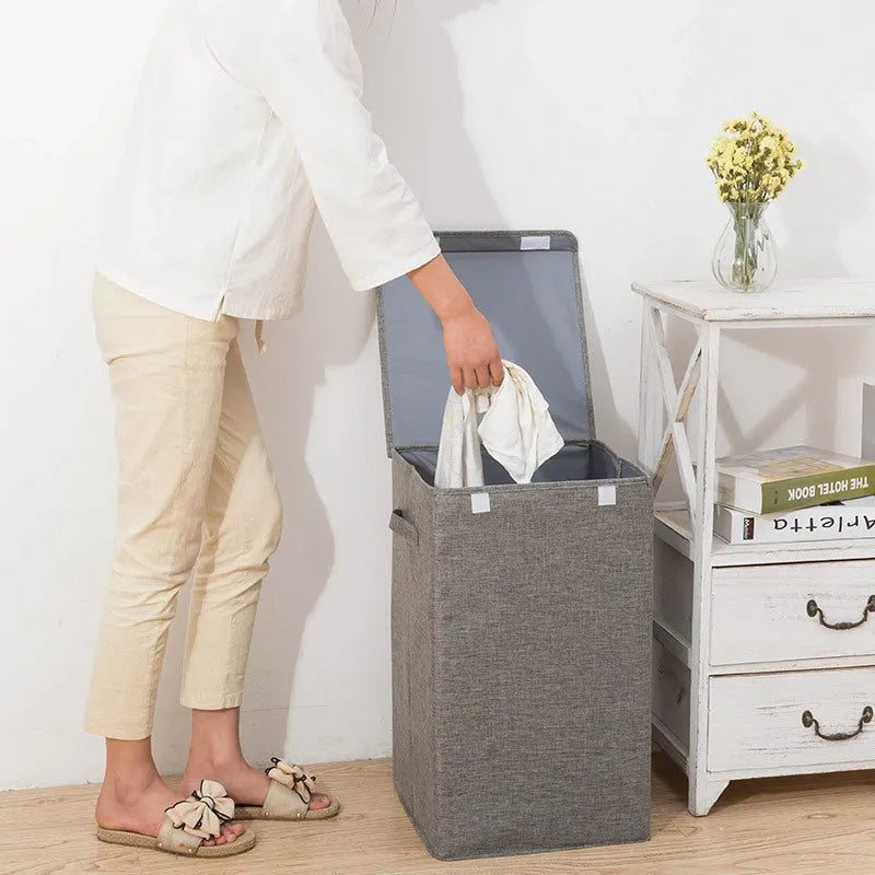 Cotton linen foldable storage basket in modern simplicity style shown in grey colour