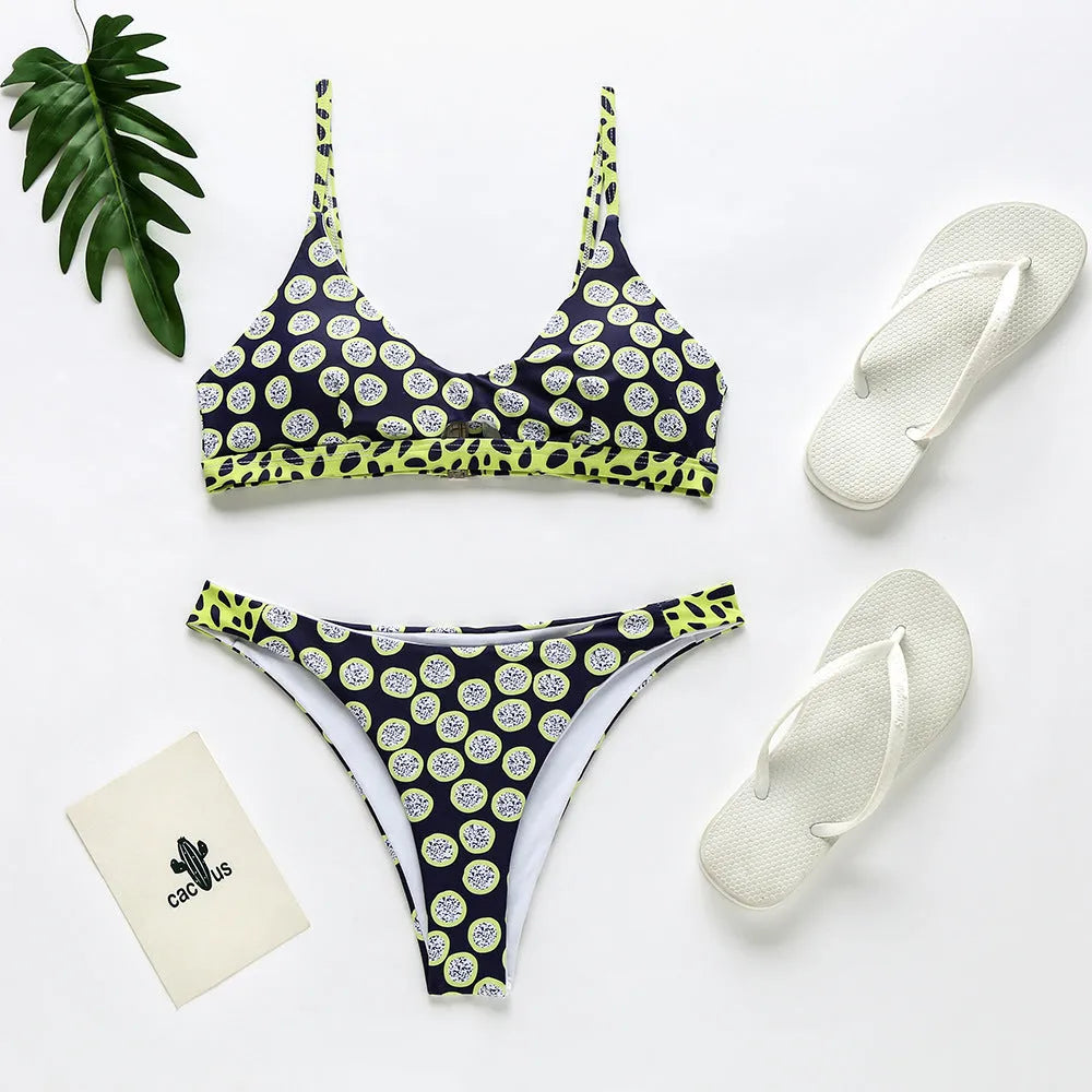 Women's polyester bikini set in polka dots or stripes pattern for swimming