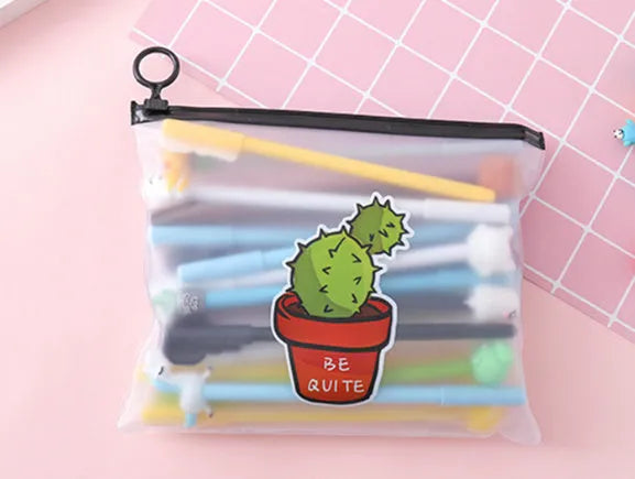 Marvel-themed 20 black gel pens with cartoon cactus designs in plastic storage case